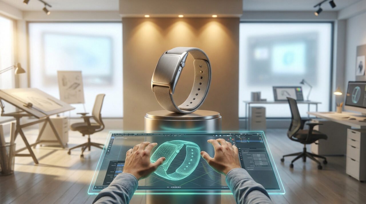 Mains manipulant une interface holographique 3D d'une montre connectée, avec le rendu physique en arrière-plan.