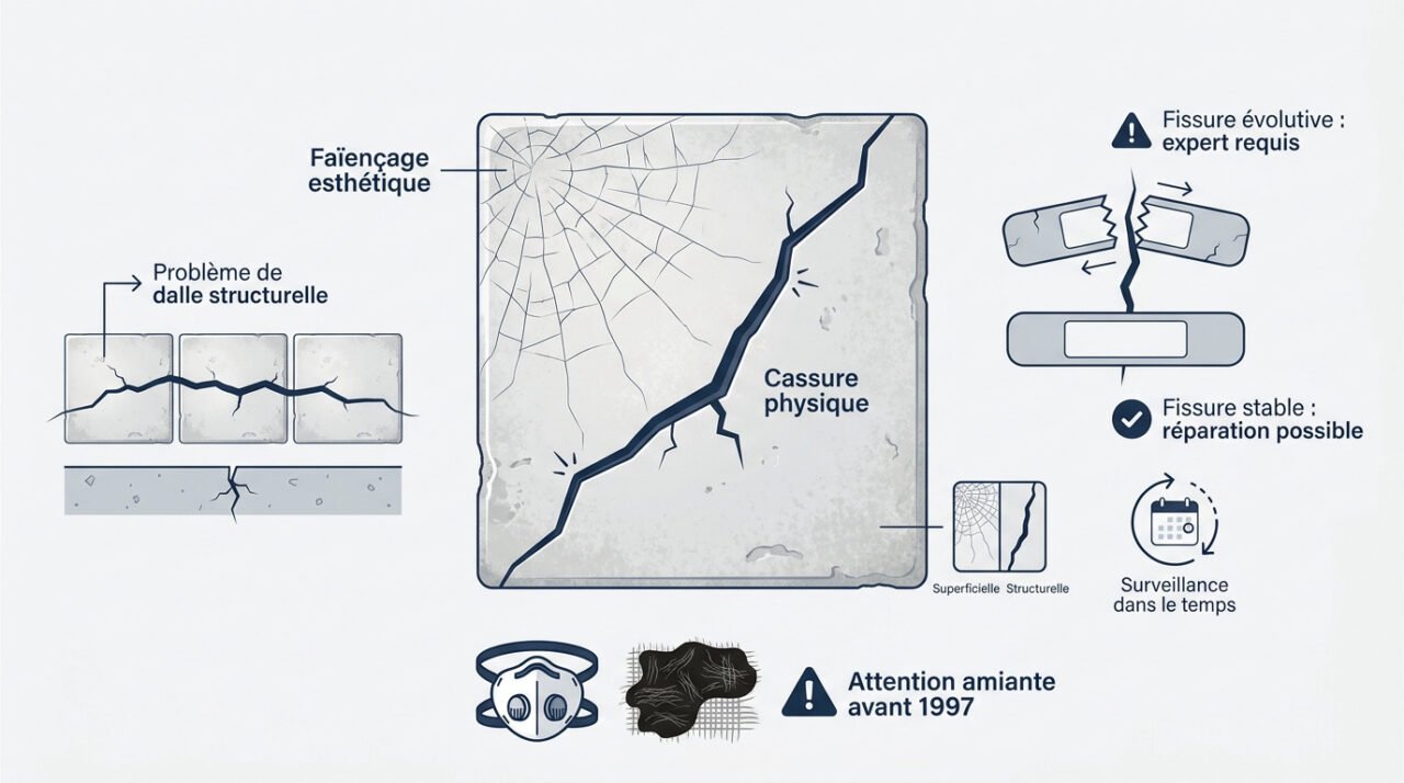 Analyse visuelle d'une fissure sur un carrelage ancien pour diagnostic