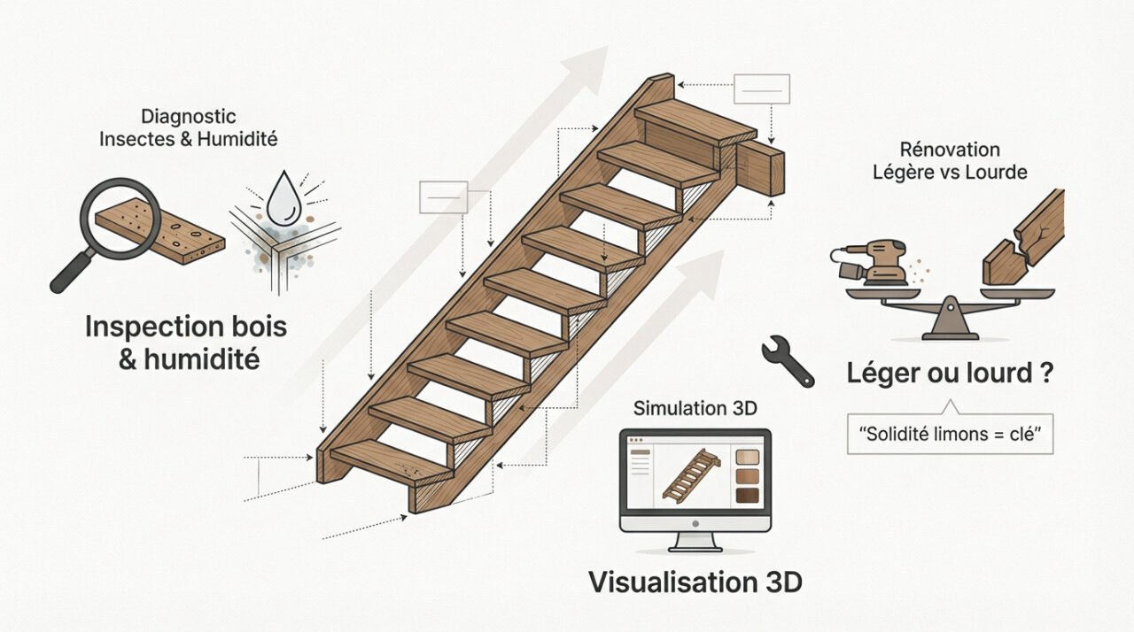 Inspection détaillée d'un escalier en bois ancien pour diagnostic de rénovation