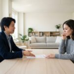 Un homme explique un document à une femme pensive à une table. Ils discutent de responsabilités locatives dans un intérieur lumineux.