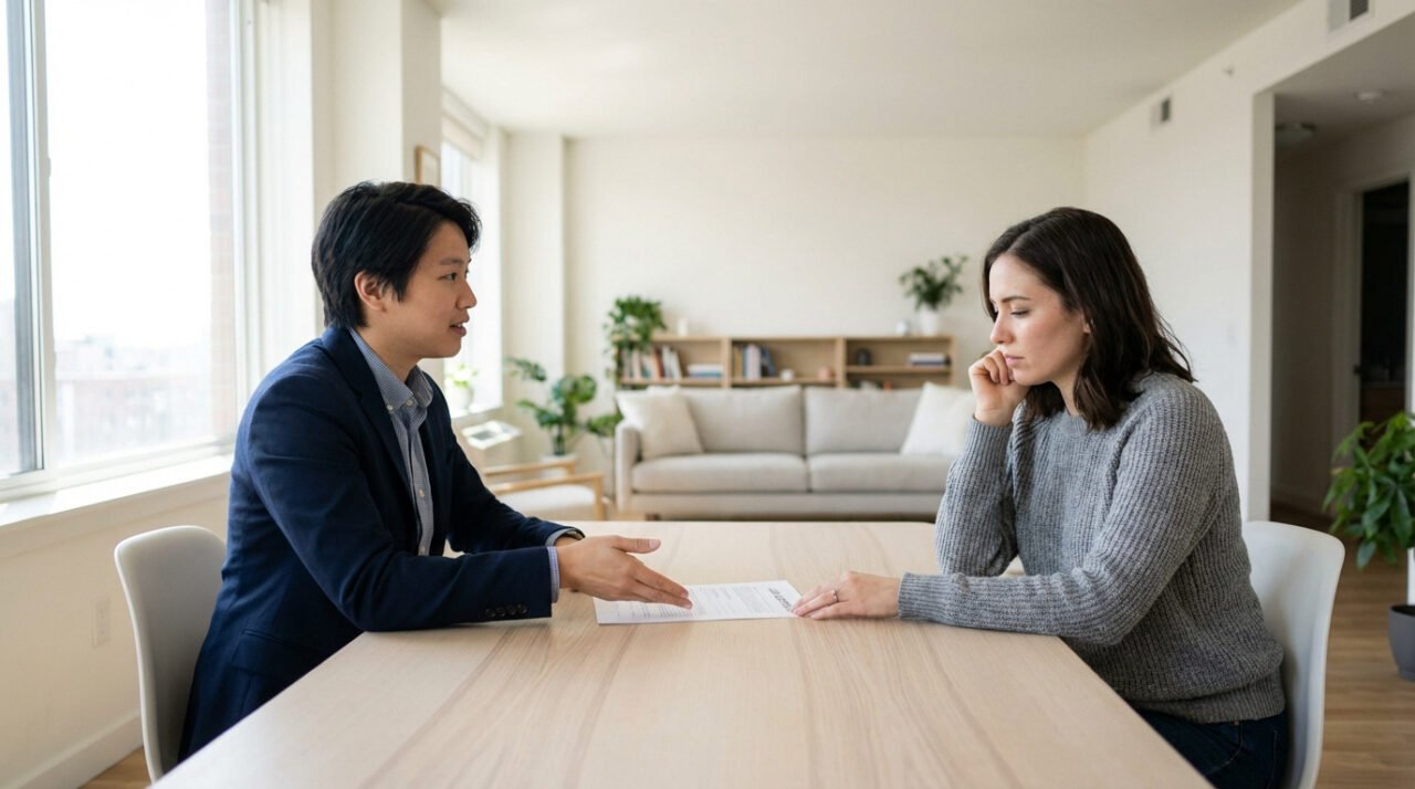 Un homme explique un document à une femme pensive à une table. Ils discutent de responsabilités locatives dans un intérieur lumineux.