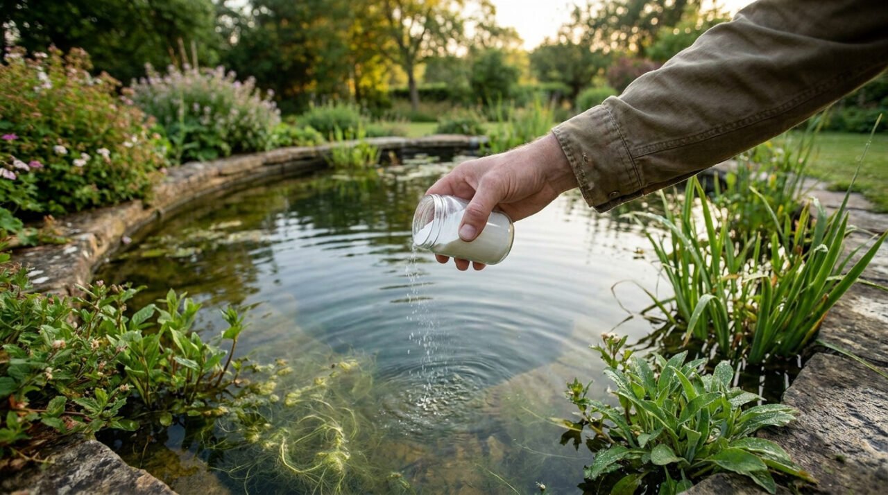 Une main verse du bicarbonate d'un pot dans un étang verdoyant, traitant les algues filamenteuses.
