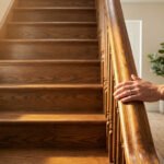 Un homme pose sa main sur la rampe d'un escalier en bois fraîchement rénové, éclairé par une fenêtre proche. Intérieur chaleureux.