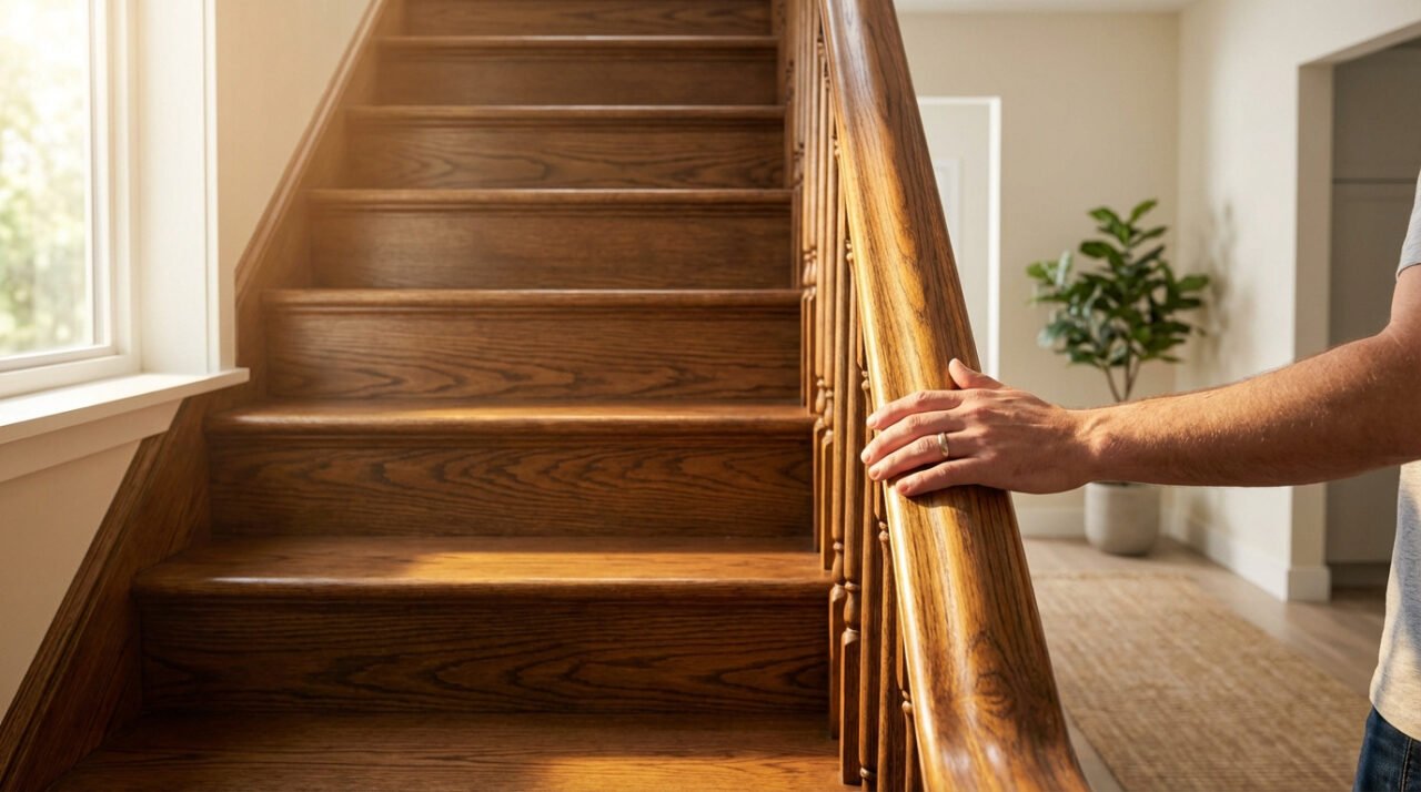 Un homme pose sa main sur la rampe d'un escalier en bois fraîchement rénové, éclairé par une fenêtre proche. Intérieur chaleureux.