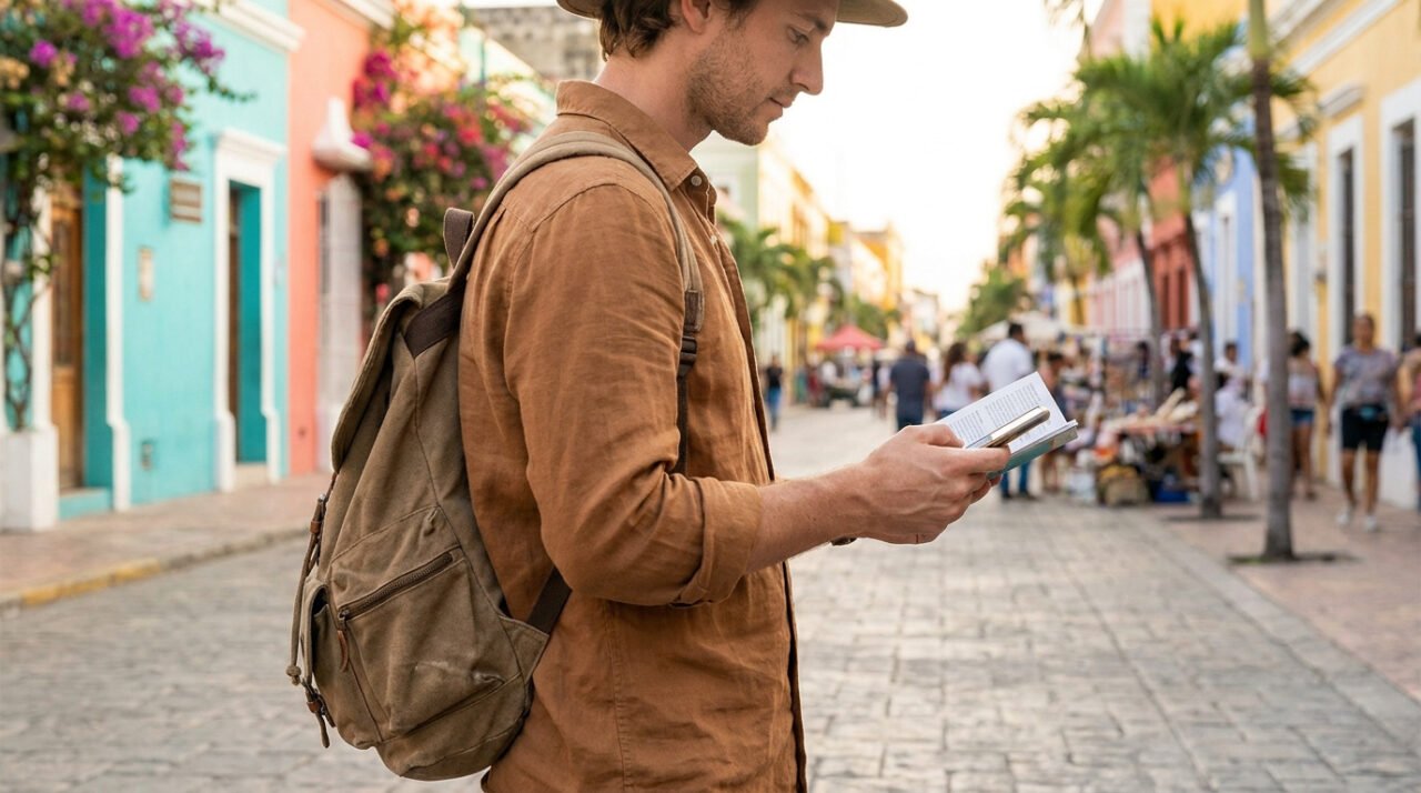 Un homme avec sac à dos et chapeau lit une carte dans une rue pavée bordée de maisons colorées et de passants.
