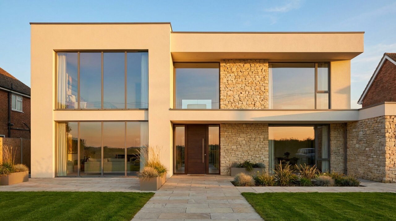Façade d'une maison moderne beige et pierre, grandes baies vitrées, porte en bois foncé. Chemin pavé et jardin soigné au soleil couchant.