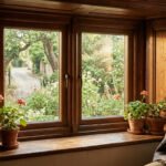 Fenêtre bois ancienne donnant sur un jardin fleuri avec chemin. Des géraniums et un plaid écossais créent une ambiance chaleureuse.