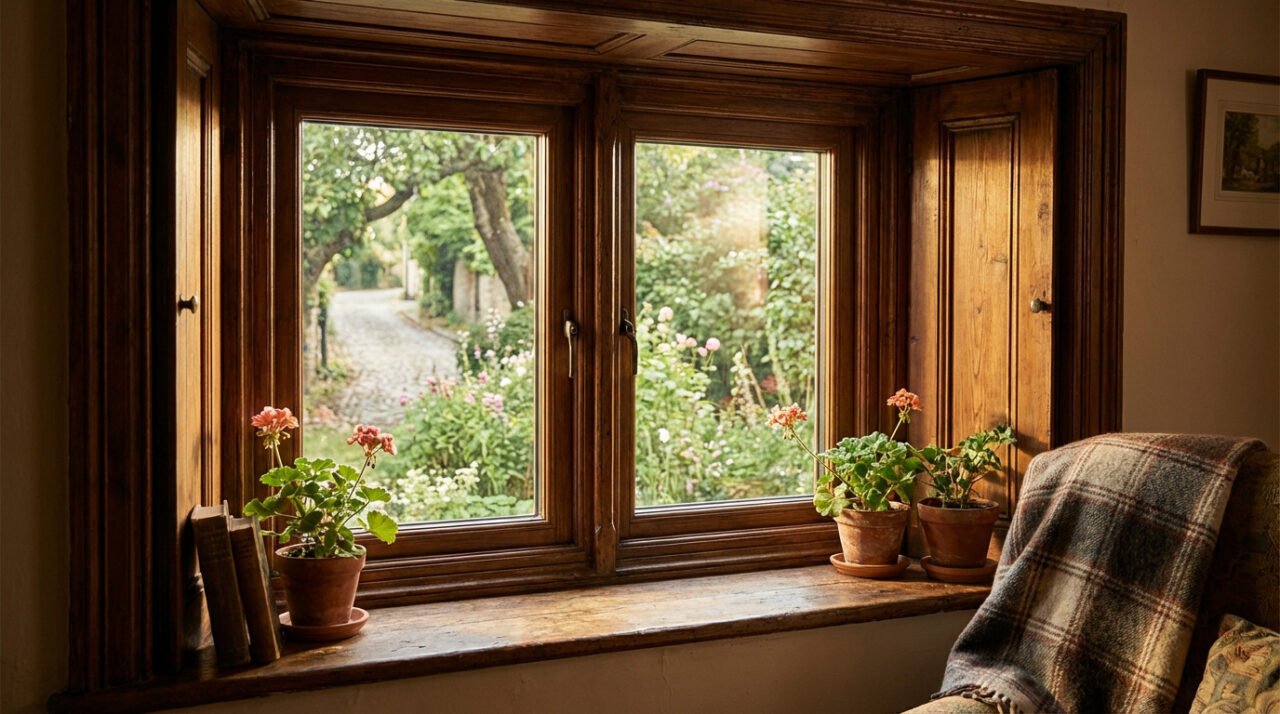 Fenêtre bois ancienne donnant sur un jardin fleuri avec chemin. Des géraniums et un plaid écossais créent une ambiance chaleureuse.