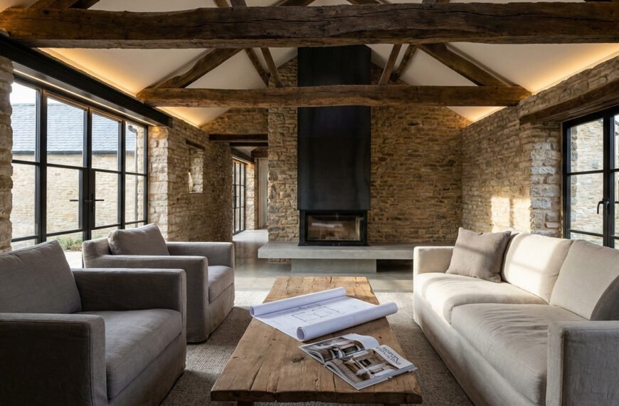 Salon de grange rénovée avec murs en pierre, poutres apparentes, cheminée moderne et grandes baies vitrées. Plans d'architecte sur la table.