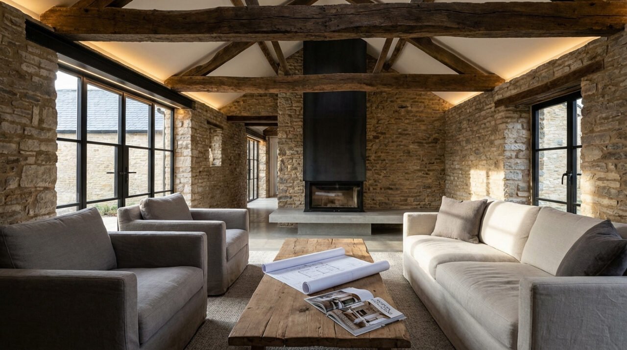 Salon de grange rénovée avec murs en pierre, poutres apparentes, cheminée moderne et grandes baies vitrées. Plans d'architecte sur la table.