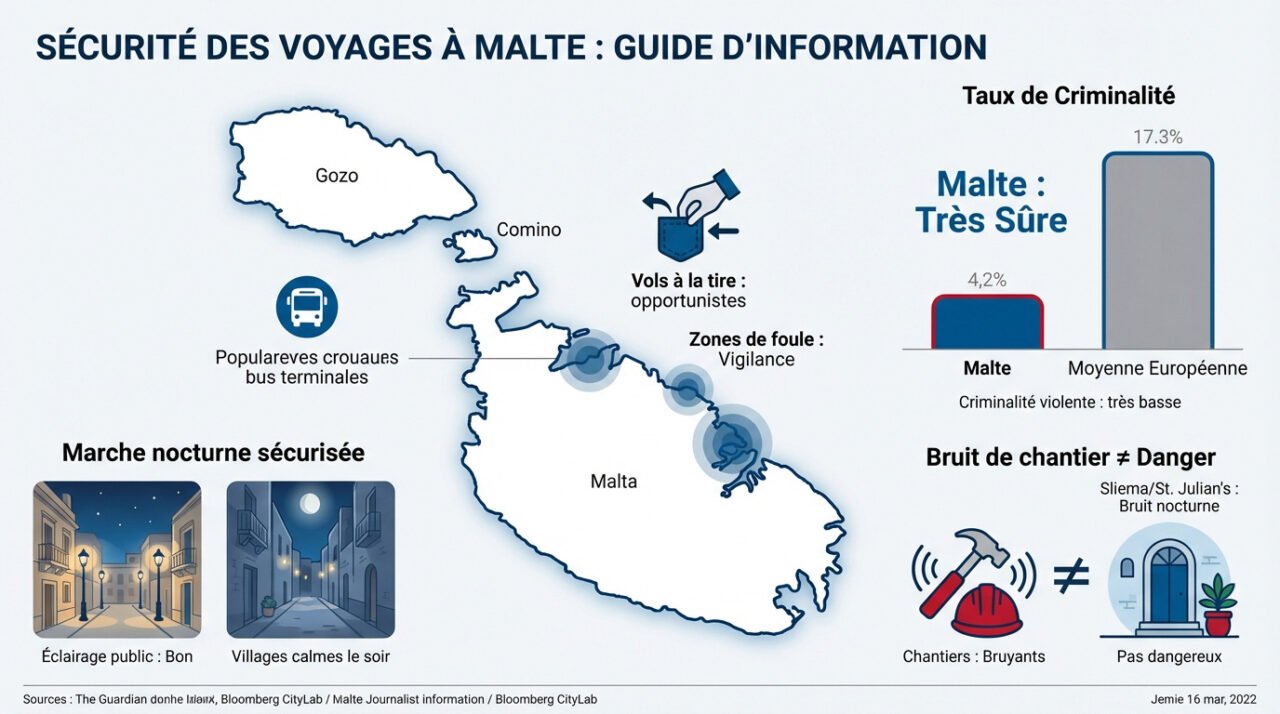 Infographie sur les conseils de sécurité et la criminalité à Malte pour les voyageurs