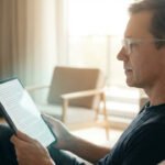 Un homme d'âge moyen portant des lunettes transparentes lit attentivement un livre numérique sur une tablette dans un salon lumineux.