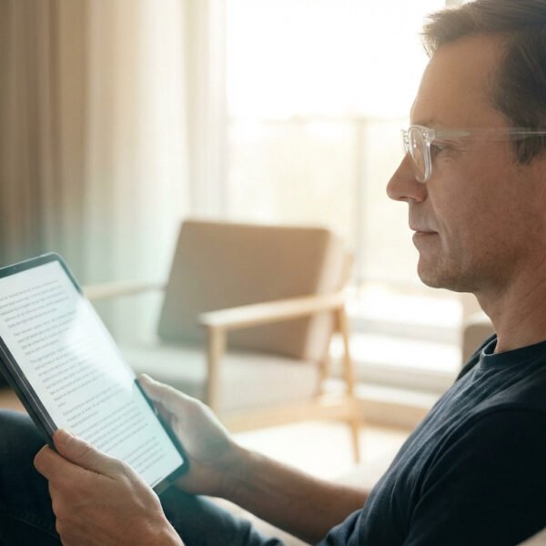 Un homme d'âge moyen portant des lunettes transparentes lit attentivement un livre numérique sur une tablette dans un salon lumineux.