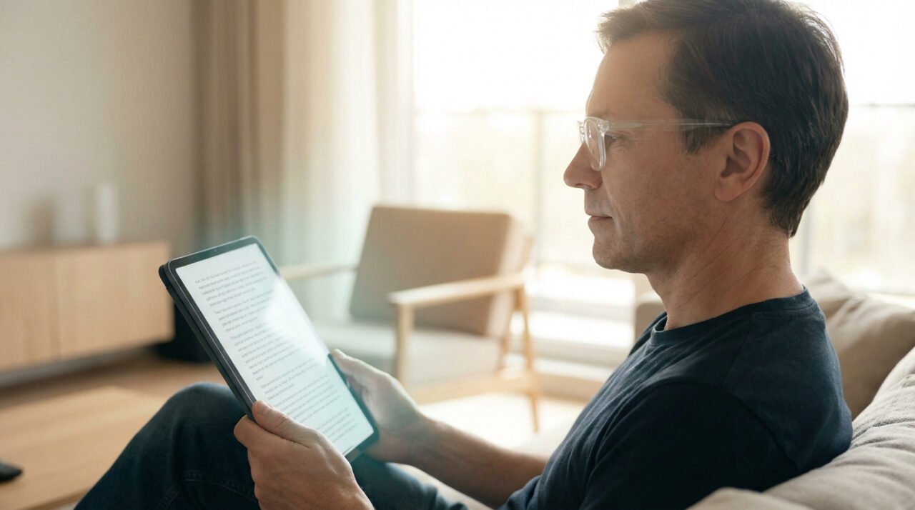 Un homme d'âge moyen portant des lunettes transparentes lit attentivement un livre numérique sur une tablette dans un salon lumineux.