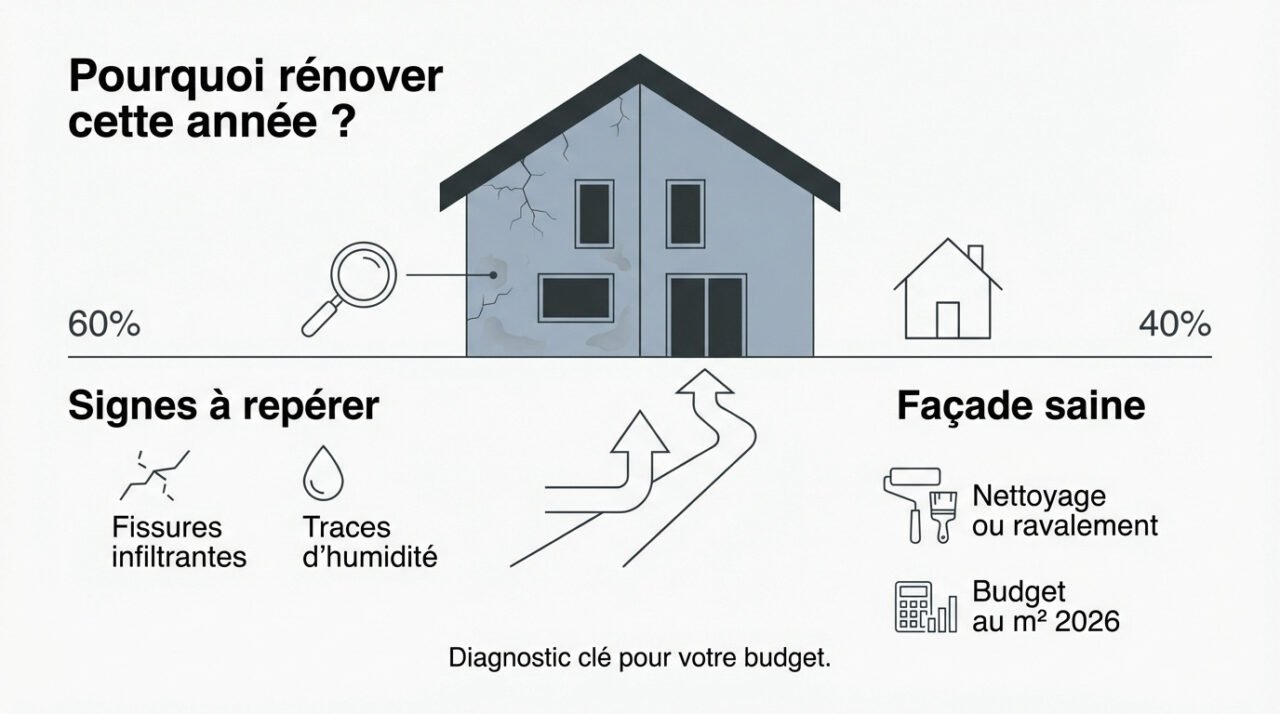 Infographie détaillant les signes de dégradation d'une façade et le budget de rénovation