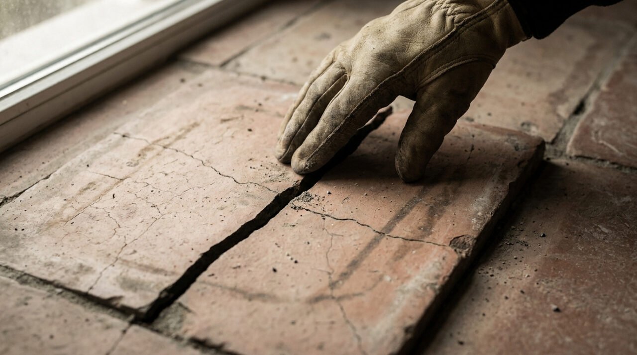 Une main gantée inspecte une profonde fissure traversant un carreau de carrelage ancien au sol, près d'une fenêtre.