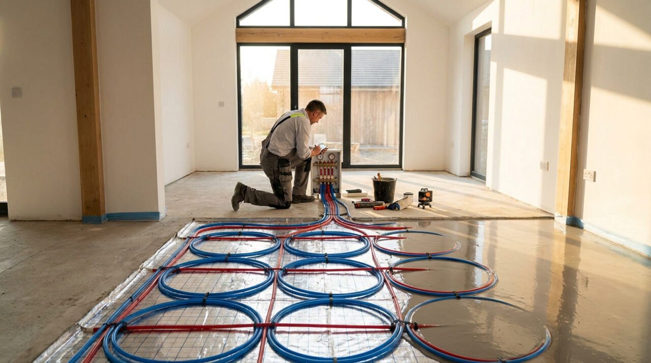 Un artisan installe un chauffage au sol dans une pièce en rénovation, avec des tuyaux bleus et rouges raccordés à un collecteur.