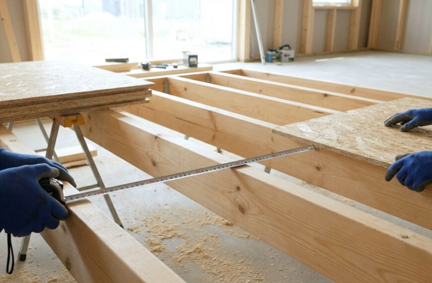 Deux ouvriers mesurent l'entraxe des solives en bois avant la pose de panneaux OSB pour un plancher. Gants bleus visibles.