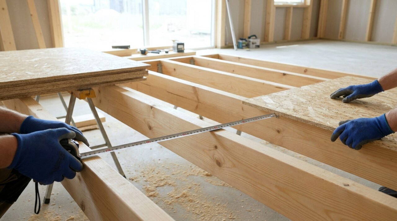 Deux ouvriers mesurent l'entraxe des solives en bois avant la pose de panneaux OSB pour un plancher. Gants bleus visibles.