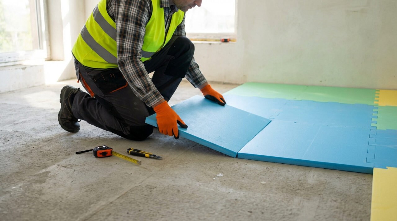 Ouvrier posant des panneaux d'isolation en mousse colorée (bleu, vert, jaune) sur une dalle en béton lors d'une rénovation.