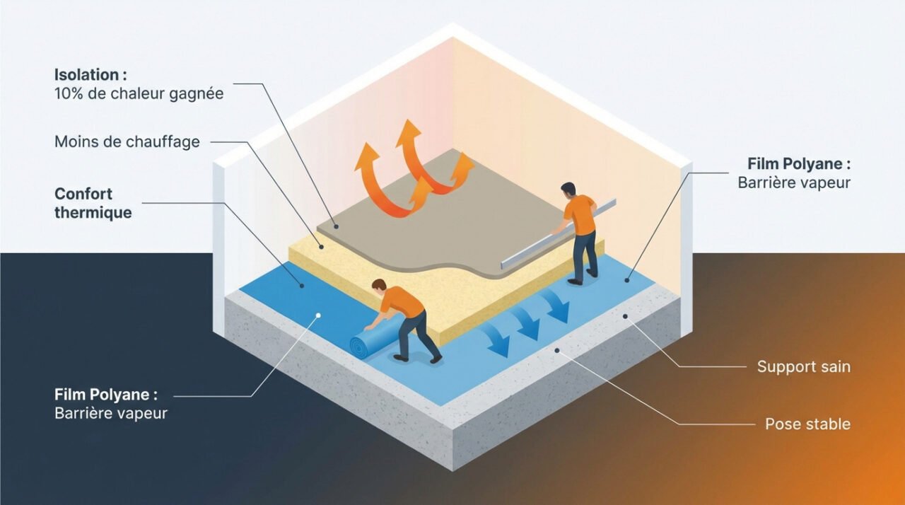 Schéma d'une isolation de dalle béton optimisant le confort thermique et les économies d'énergie