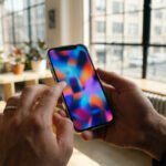 Deux mains tiennent un smartphone affichant un fond d'écran abstrait et coloré. Un pouce touche l'écran, dans un environnement de bureau lumineux.