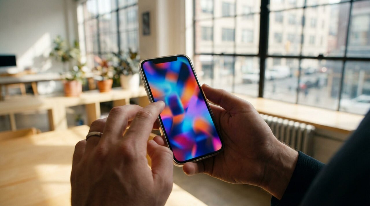 Deux mains tiennent un smartphone affichant un fond d'écran abstrait et coloré. Un pouce touche l'écran, dans un environnement de bureau lumineux.