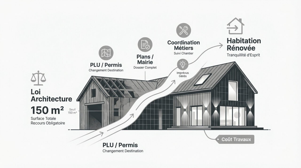 Schéma des étapes légales pour la rénovation d'une grange en habitation