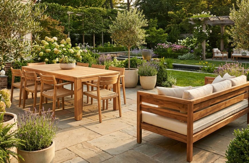 Mobilier de jardin en bois clair (table, chaises, canapé) sur un patio en pierre, au milieu d'un jardin luxuriant avec oliviers et fleurs.