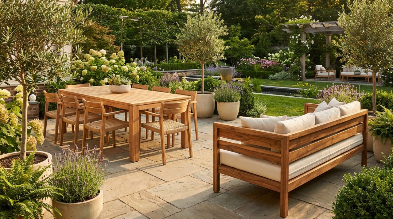 Mobilier de jardin en bois clair (table, chaises, canapé) sur un patio en pierre, au milieu d'un jardin luxuriant avec oliviers et fleurs.