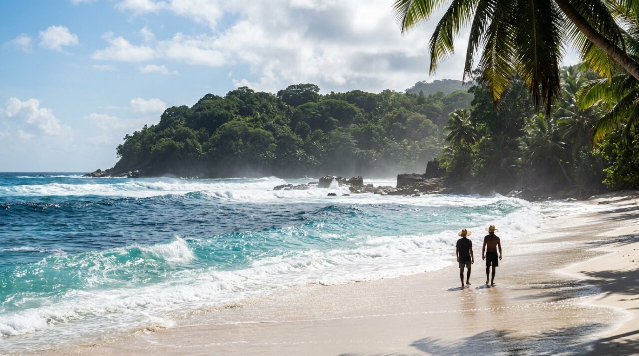 Vue d'une plage tropicale à Madagascar avec deux silhouettes en chapeaux marchant près de vagues déferlantes et cocotiers.