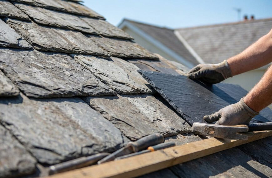 Couvreur posant une ardoise neuve sur un toit, entouré d'ardoises existantes et d'outils. Ciel bleu en arrière-plan.