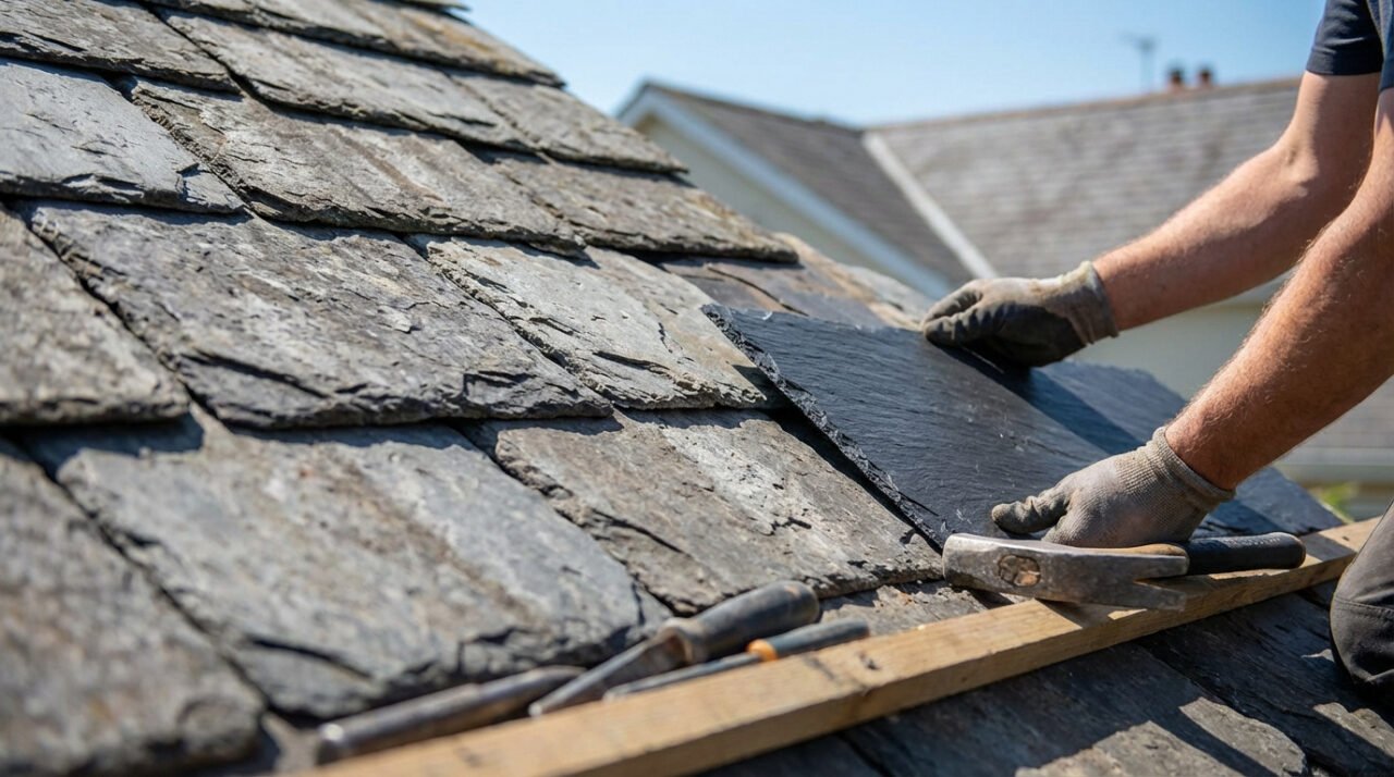 Couvreur posant une ardoise neuve sur un toit, entouré d'ardoises existantes et d'outils. Ciel bleu en arrière-plan.
