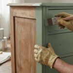 Personne gantée peignant une commode en bois à moitié en vert sauge. À l'arrière-plan, pots de peinture et pinceaux.