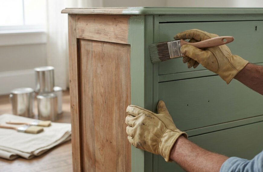 Personne gantée peignant une commode en bois à moitié en vert sauge. À l'arrière-plan, pots de peinture et pinceaux.
