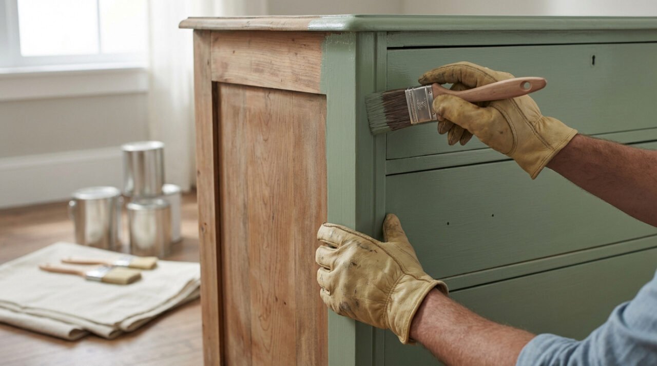 Personne gantée peignant une commode en bois à moitié en vert sauge. À l'arrière-plan, pots de peinture et pinceaux.