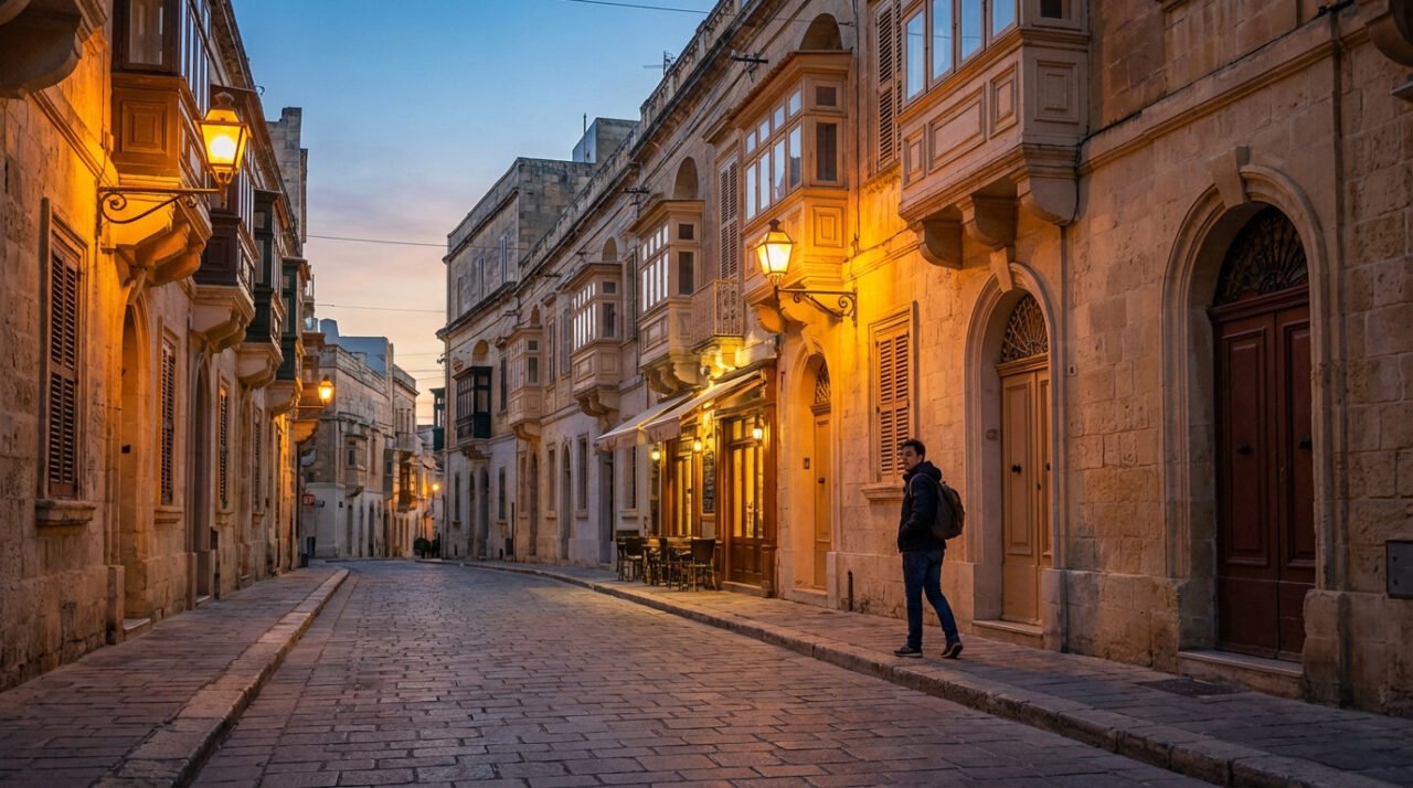 Vue d'une ruelle pavée maltaise au crépuscule, bâtiments en pierre avec balcons éclairés, un homme marche.