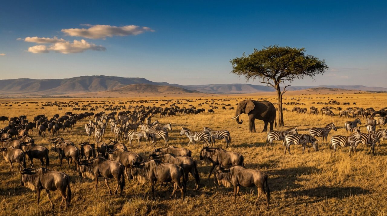 Vaste savane tanzanienne : une multitude de gnous et de zèbres migrent, un éléphant solitaire sous un acacia, montagnes lointaines.