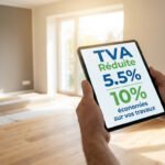Personne tenant une tablette affichant "TVA Réduite 5.5%" et "10% économies sur vos travaux" dans une pièce en rénovation.
