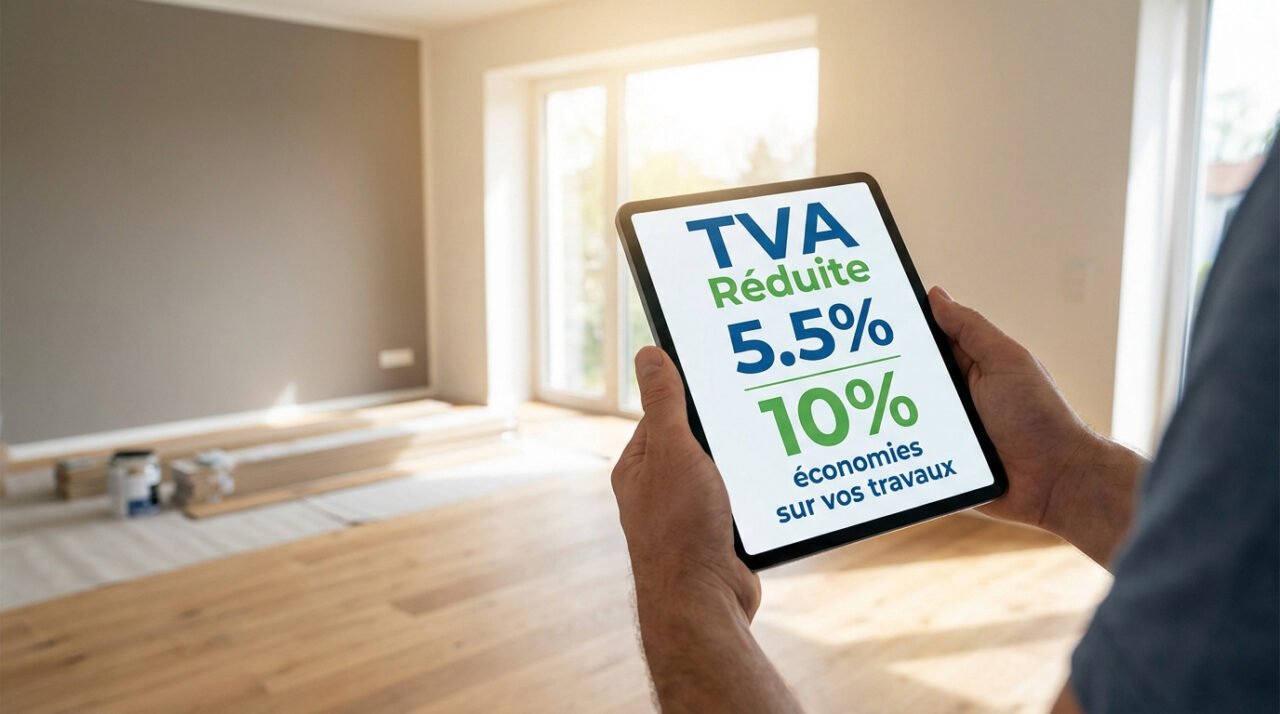 Personne tenant une tablette affichant "TVA Réduite 5.5%" et "10% économies sur vos travaux" dans une pièce en rénovation.