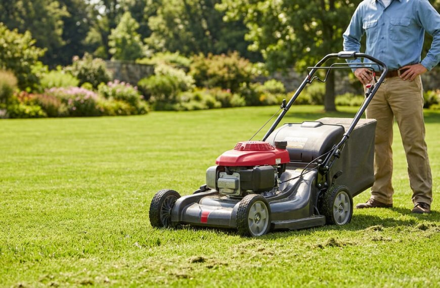 Un homme en chemise bleue et pantalon beige se tient à côté d'une tondeuse Honda HRX 537 noire et rouge sur une pelouse verte.