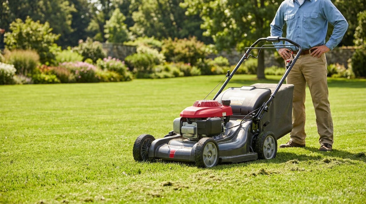 Un homme en chemise bleue et pantalon beige se tient à côté d'une tondeuse Honda HRX 537 noire et rouge sur une pelouse verte.